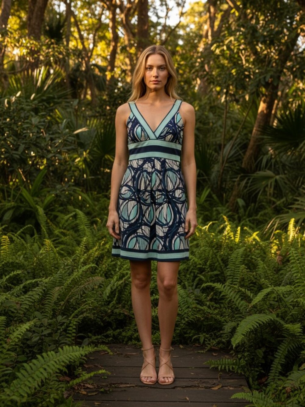 BCBGMaxazria Fit & Flare Dress Small Blue Teal Print V Neck‎ Cocktail Mini